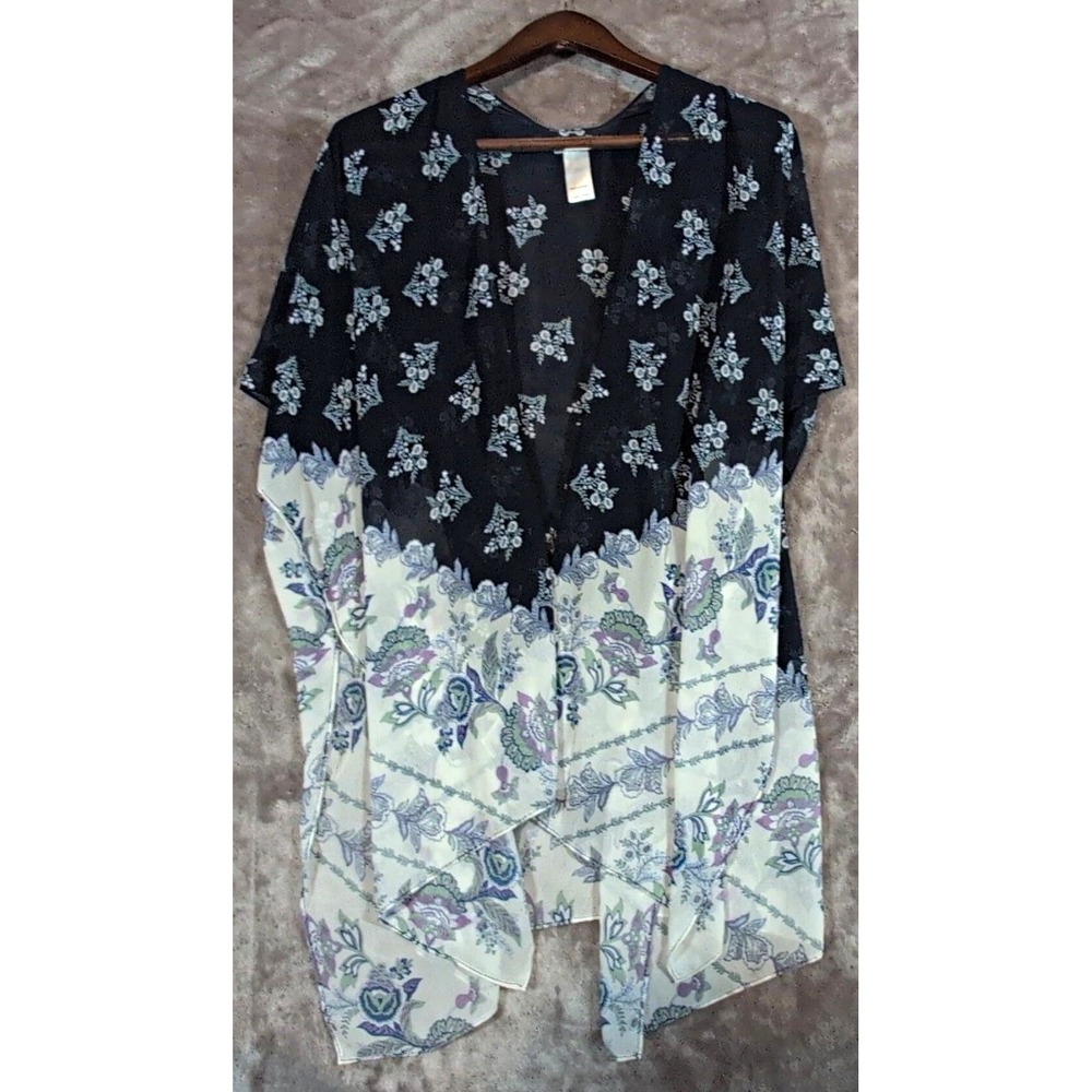Maurices Kimono Cardigan Womens One Size Navy Ivory Floral Chiffon Sheer